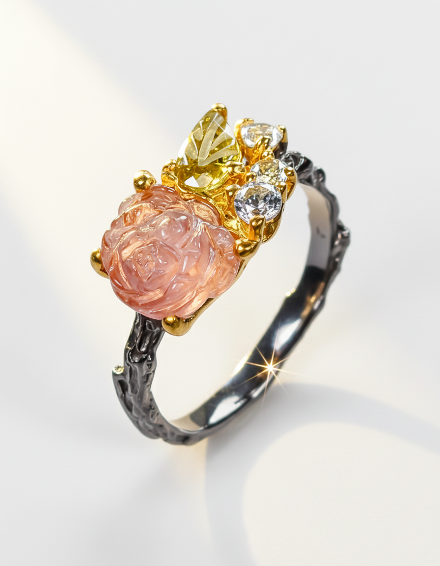 925 Silver Carved Flower Tourmaline Ring, band detail