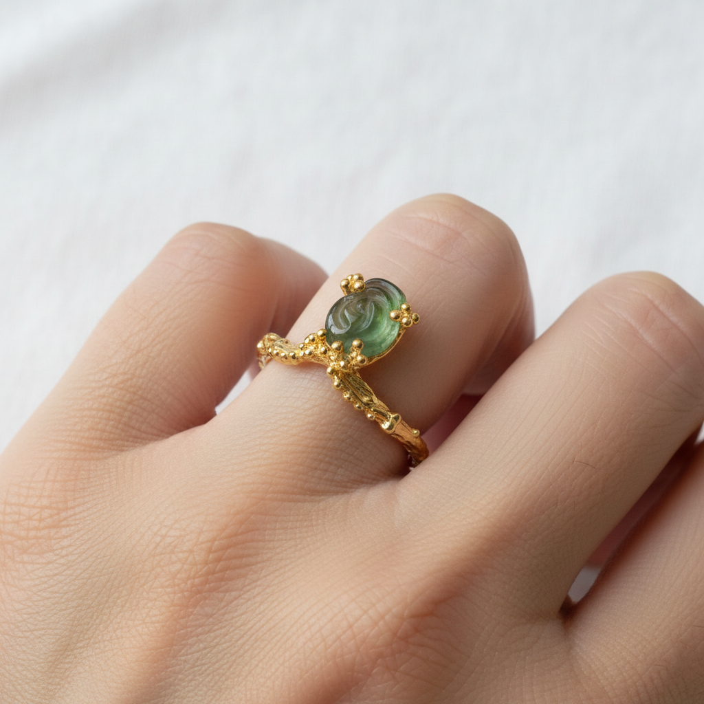 925 Silver Carved Flower Tourmaline Ring, alternate angle