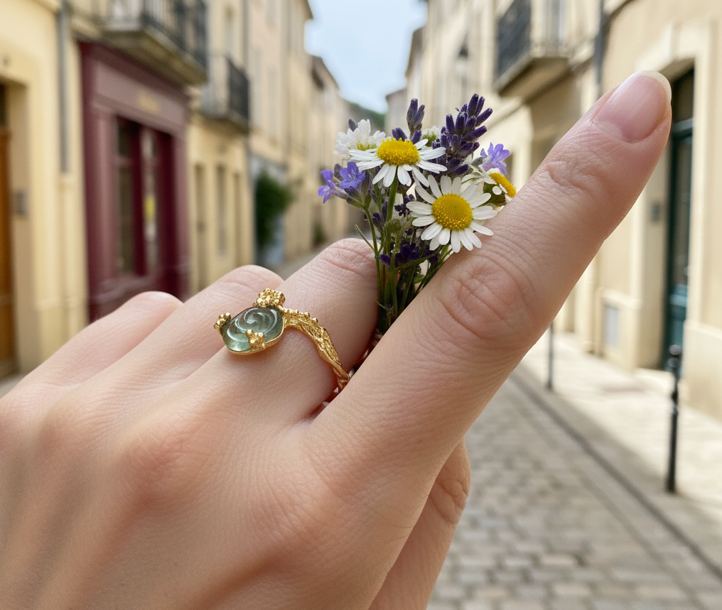925 Silver Carved Flower Tourmaline Ring, worn on hand