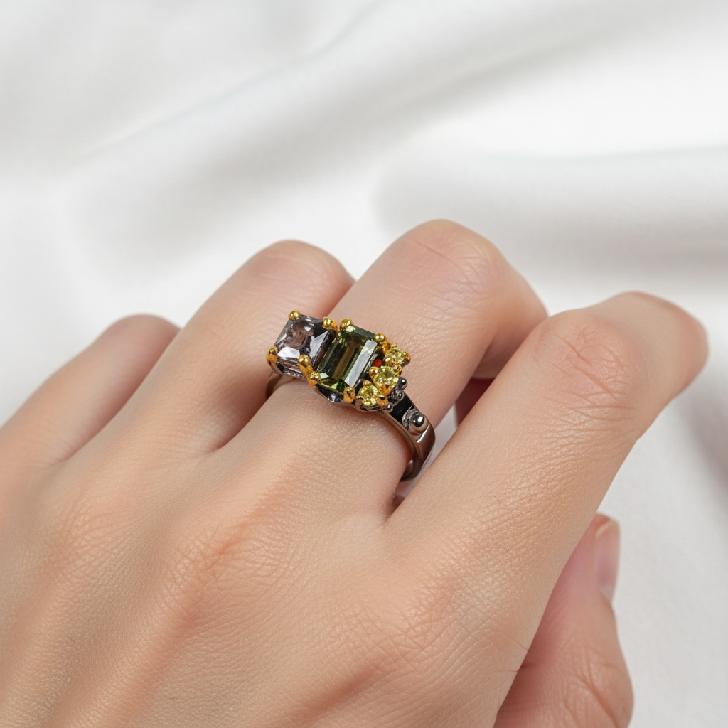 925 Sterling Silver Toi Et Moi Tourmaline Ring, texture close-up