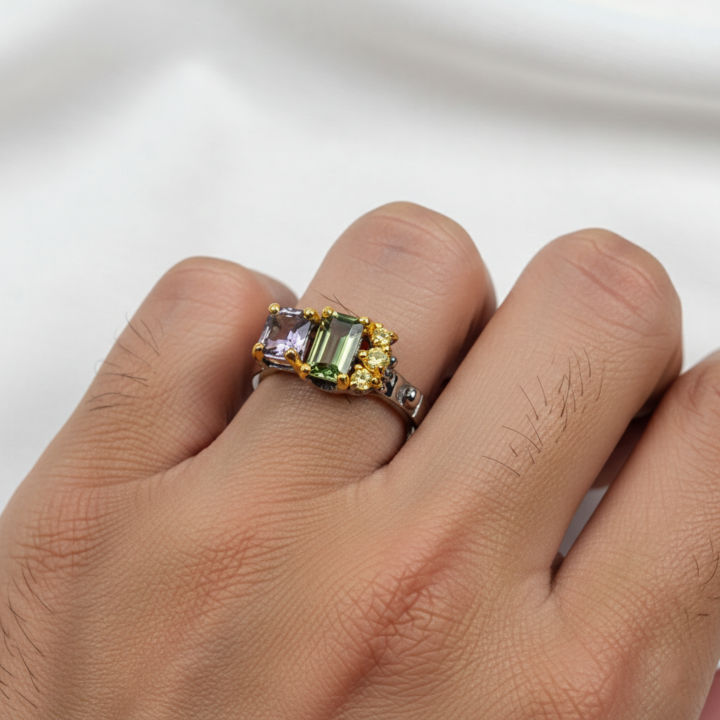 925 Sterling Silver Toi Et Moi Tourmaline Ring, close-up detail