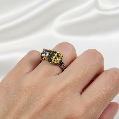 925 Sterling Silver Toi Et Moi Tourmaline Ring, worn look