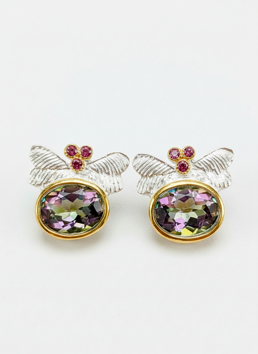 925 Silver Mystic Topaz Dragonfly Earrings, worn view