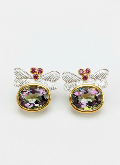 925 Silver Mystic Topaz Dragonfly Earrings, worn view