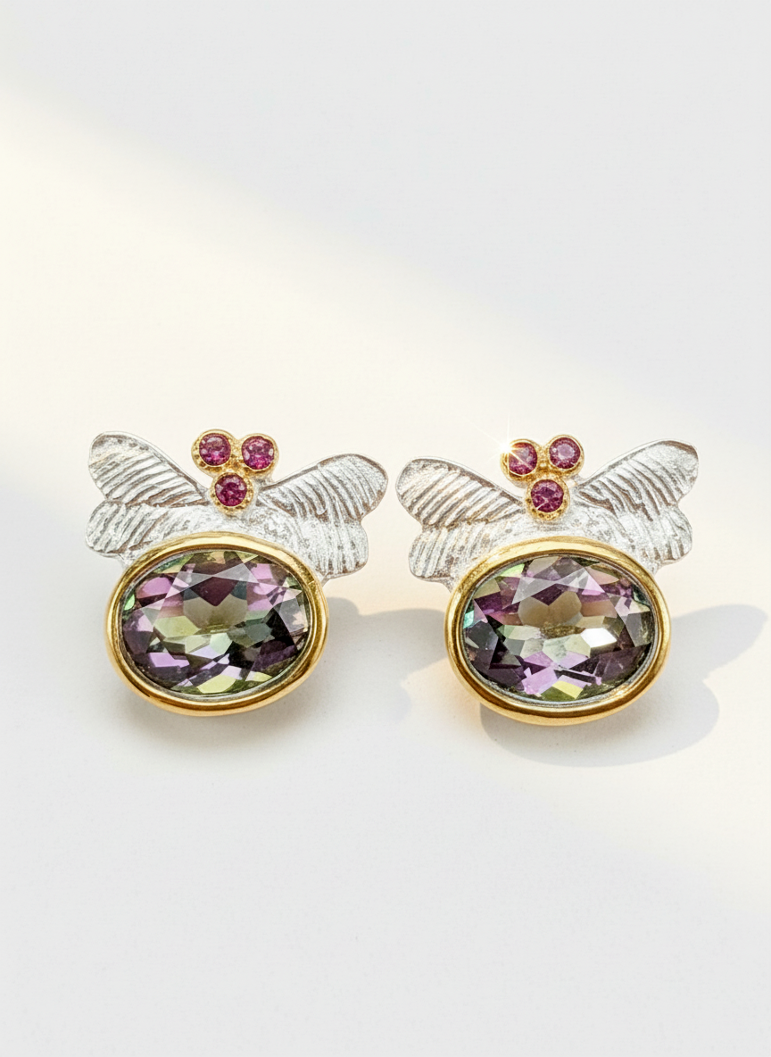 925 Silver Mystic Topaz Dragonfly Earrings, side angle