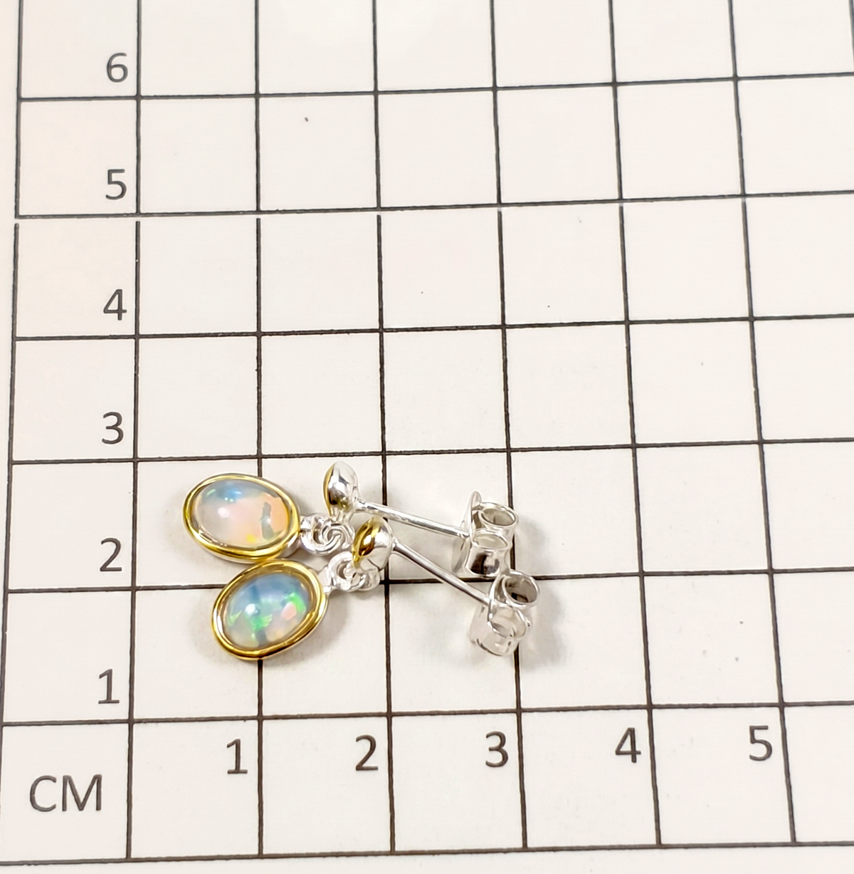 Pair of earrings with opal stones on a grid background