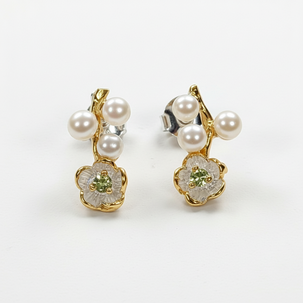 925 Silver Pearl Flower Earrings, side angle