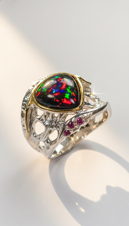 925 Silver Rainbow Opal Organic Ring