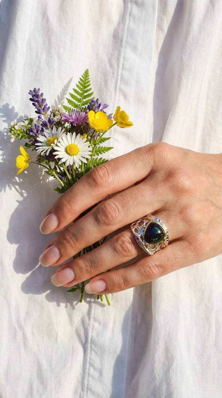 925 Silver Rainbow Opal Organic Ring