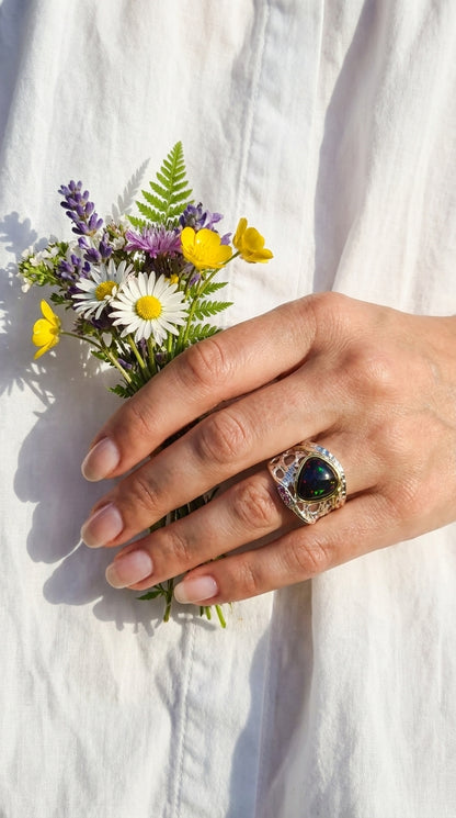 925 Silver Rainbow Opal Organic Ring