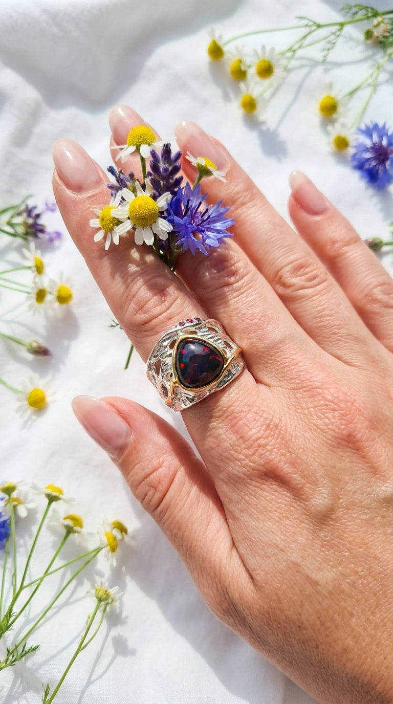 925 Silver Rainbow Opal Organic Ring