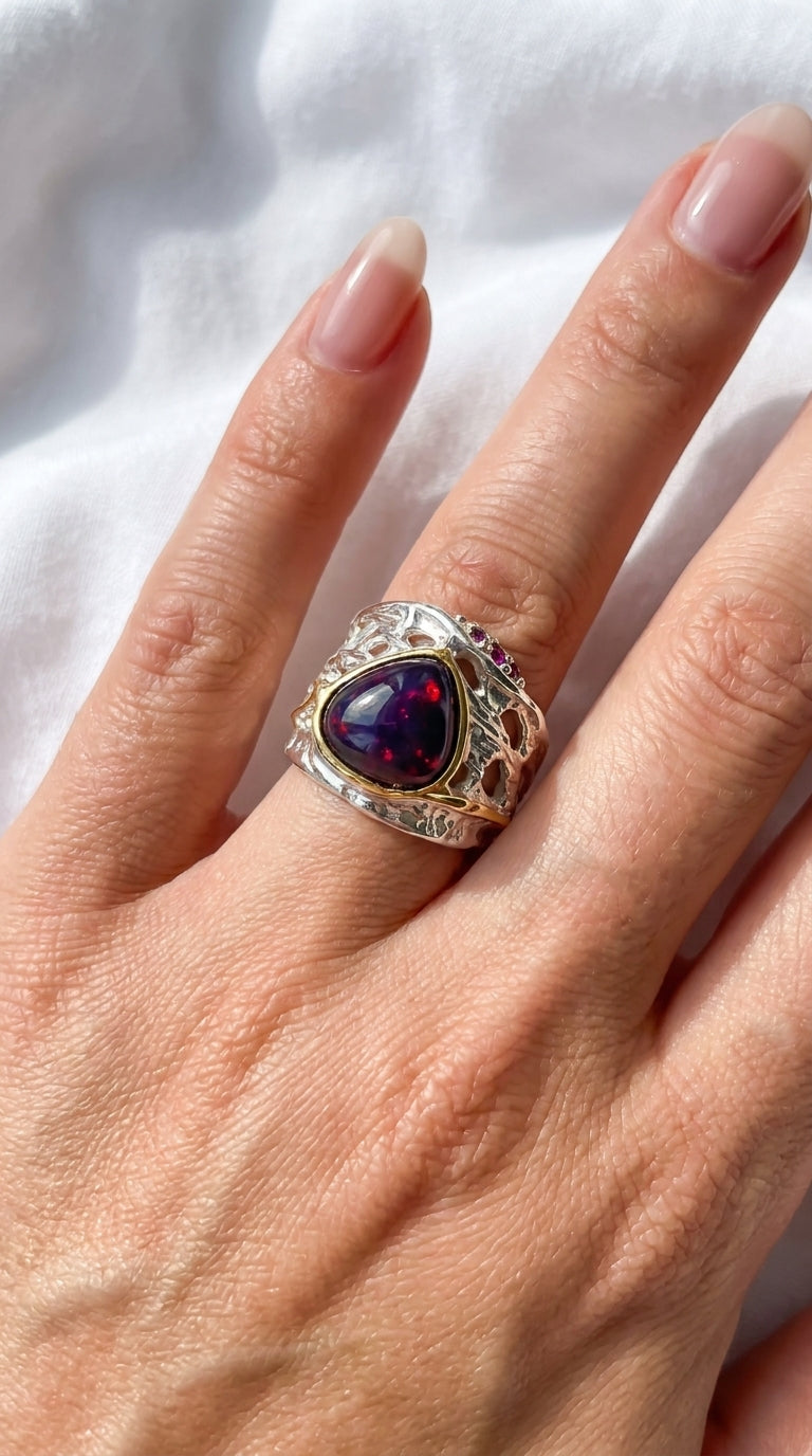 925 Silver Rainbow Opal Organic Ring