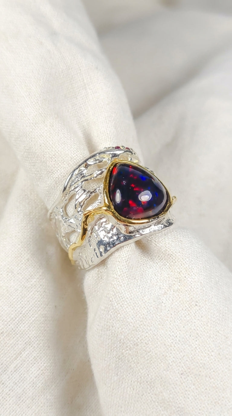 925 Silver Rainbow Opal Organic Ring
