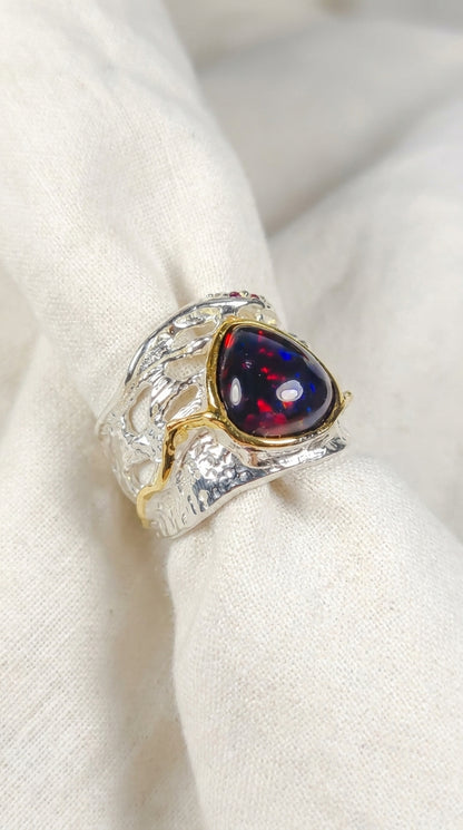 925 Silver Rainbow Opal Organic Ring