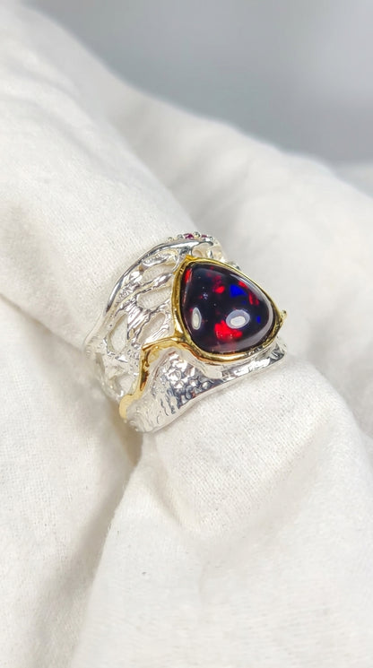 925 Silver Rainbow Opal Organic Ring