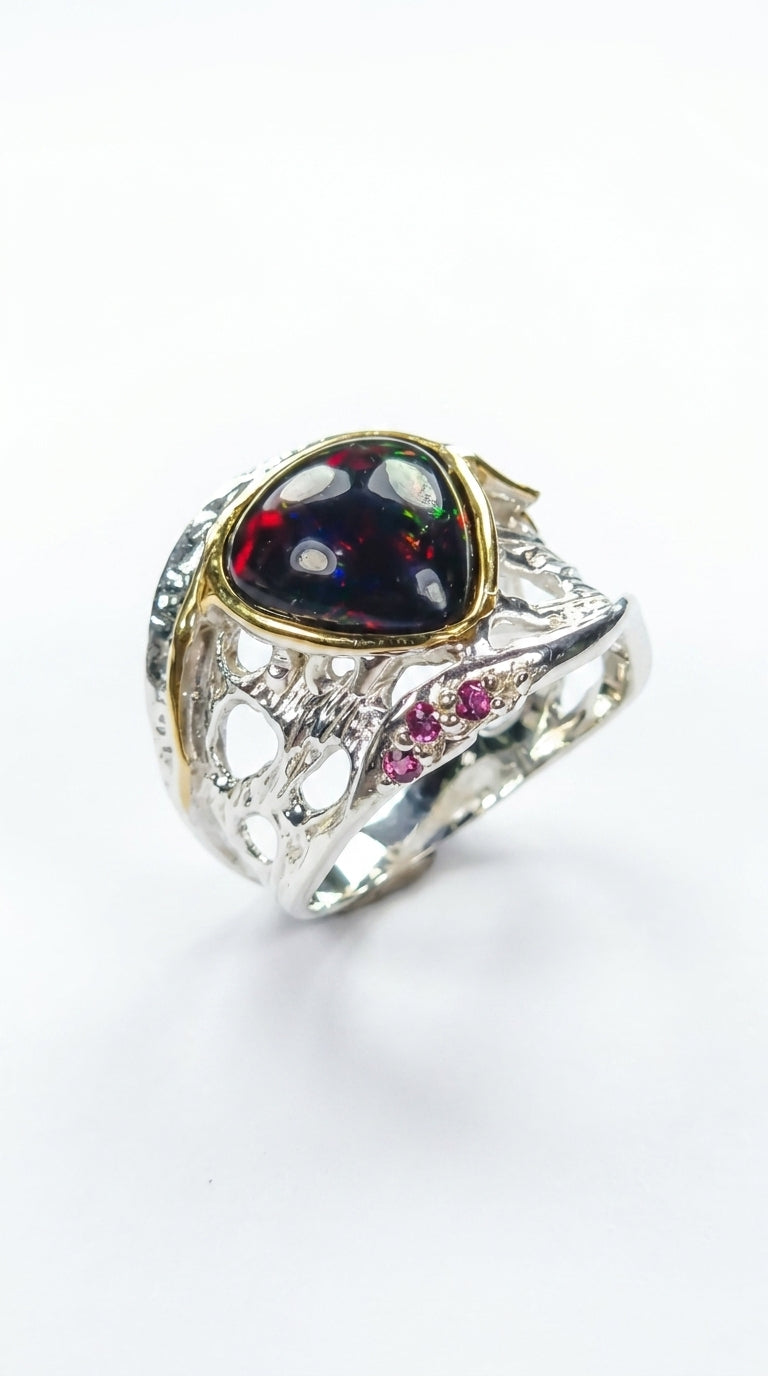 925 Silver Rainbow Opal Organic Ring