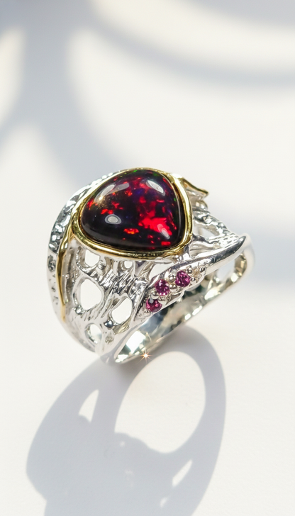 925 Silver Rainbow Opal Organic Ring