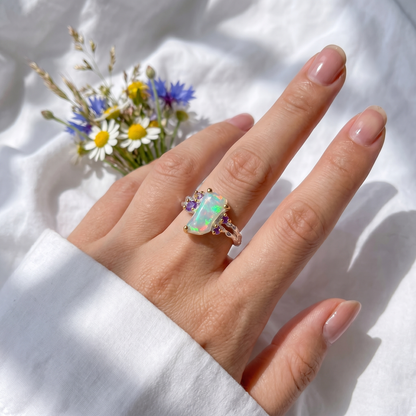 925 Silver Rainbow Raw Opal Ring