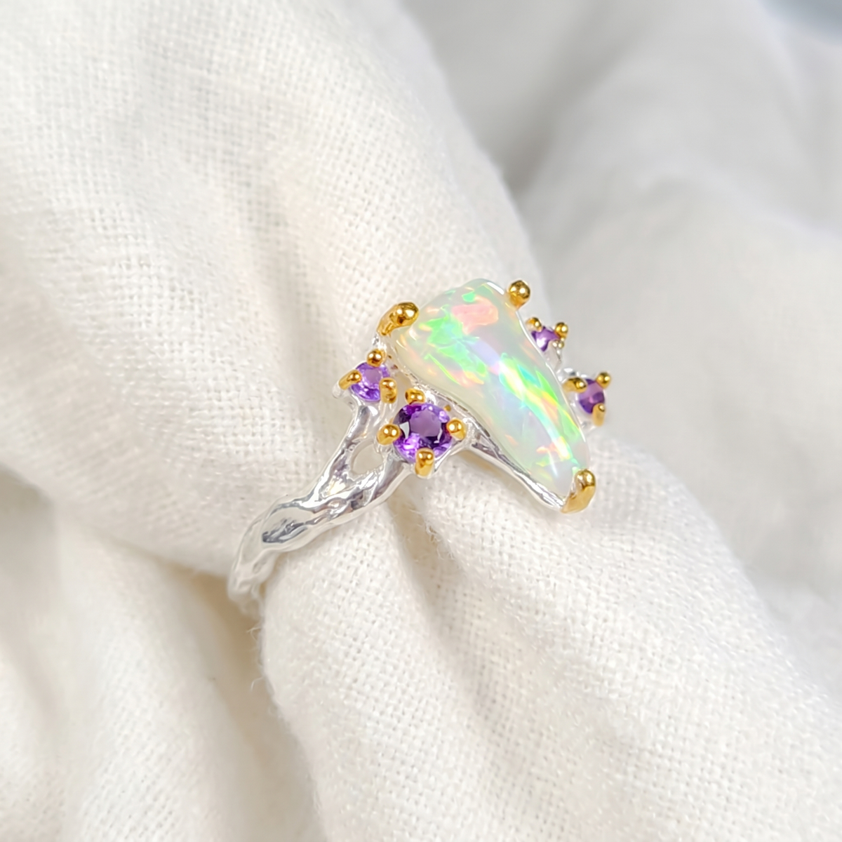 925 Silver Rainbow Raw Opal Ring
