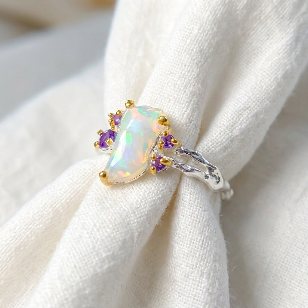 925 Silver Rainbow Raw Opal Ring