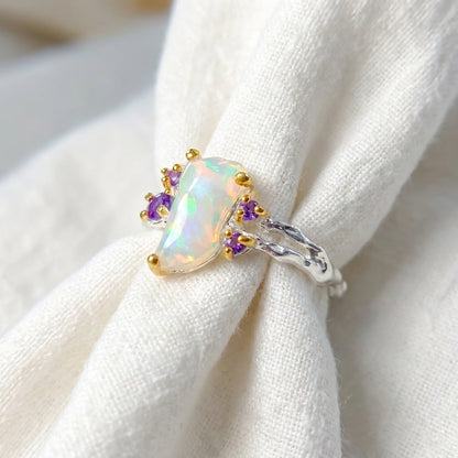 925 Silver Rainbow Raw Opal Ring