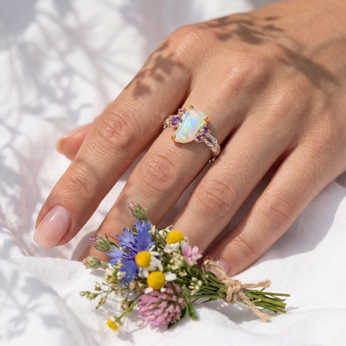 925 Silver Rainbow Raw Opal Ring