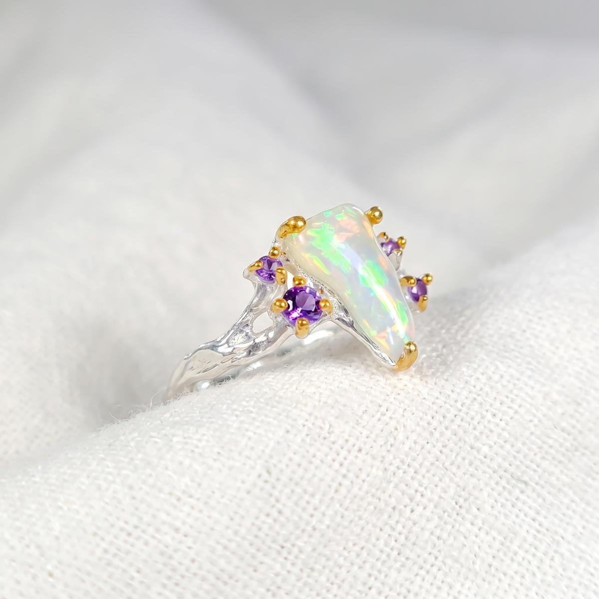 925 Silver Rainbow Raw Opal Ring