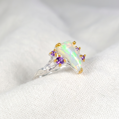 925 Silver Rainbow Raw Opal Ring