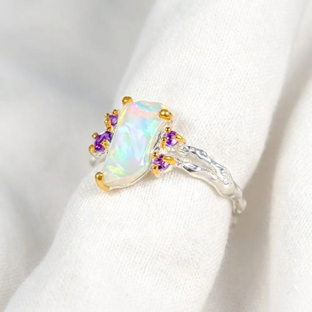 925 Silver Rainbow Raw Opal Ring
