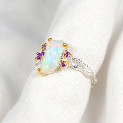 925 Silver Rainbow Raw Opal Ring