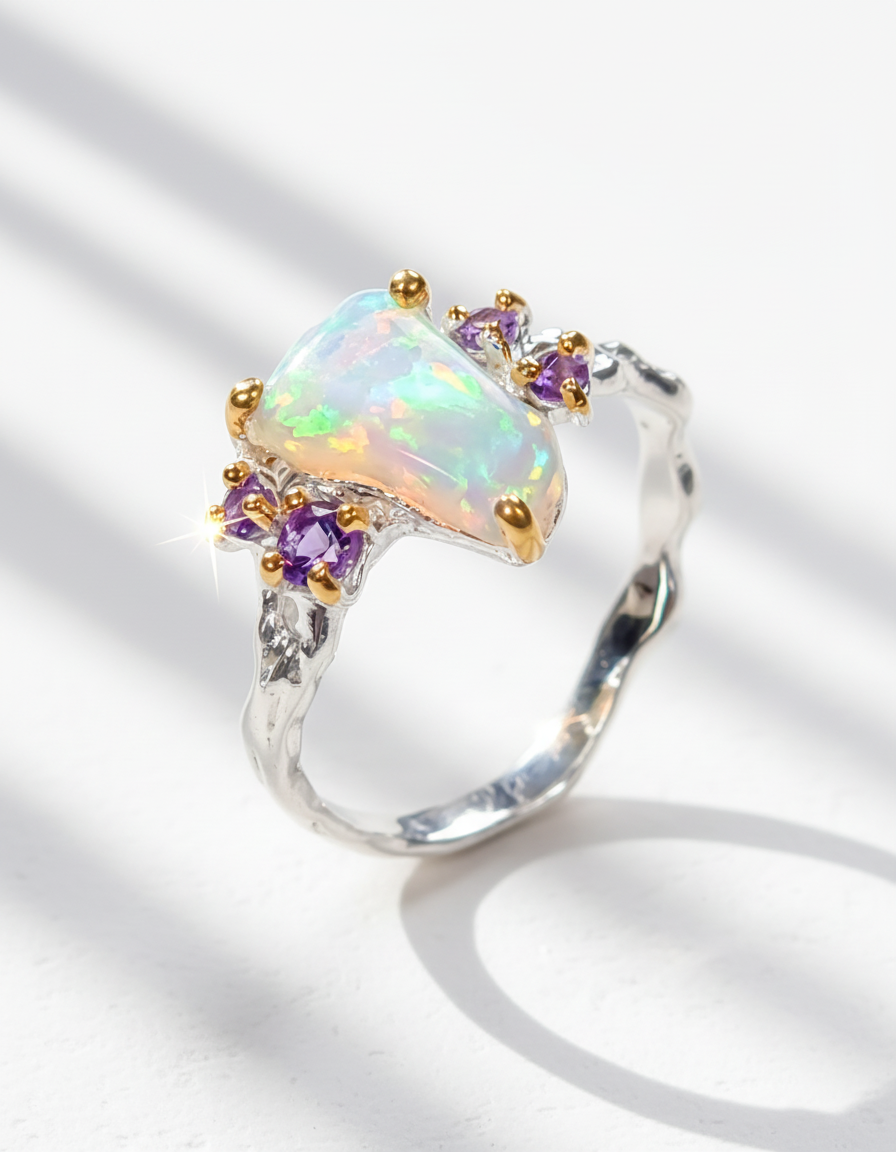 925 Silver Rainbow Raw Opal Ring