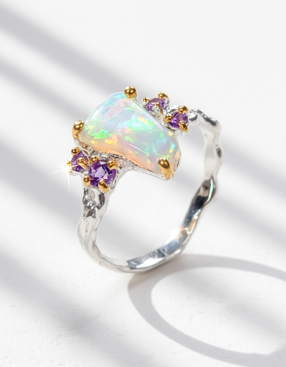 925 Silver Rainbow Raw Opal Ring