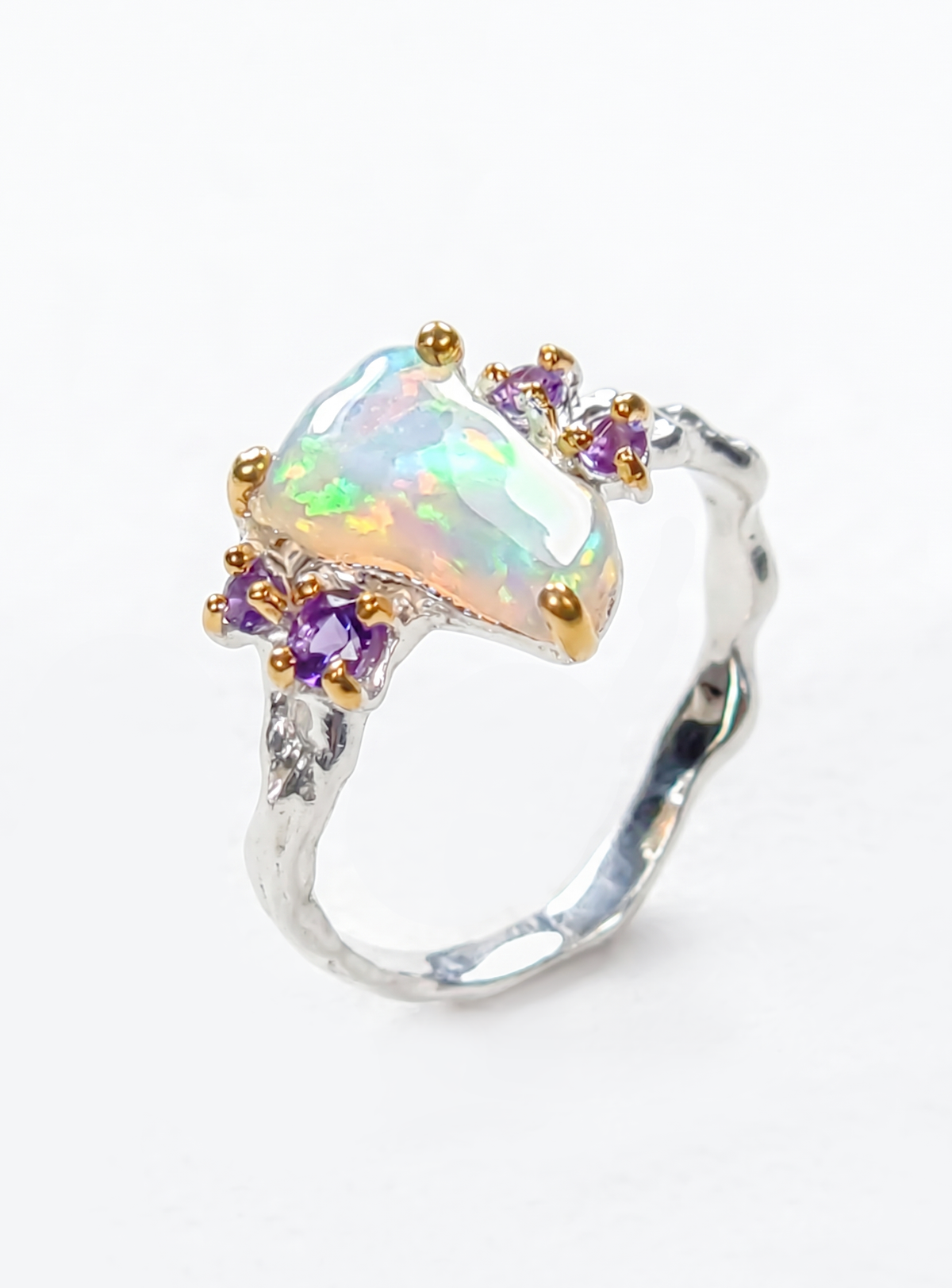 925 Silver Rainbow Raw Opal Ring