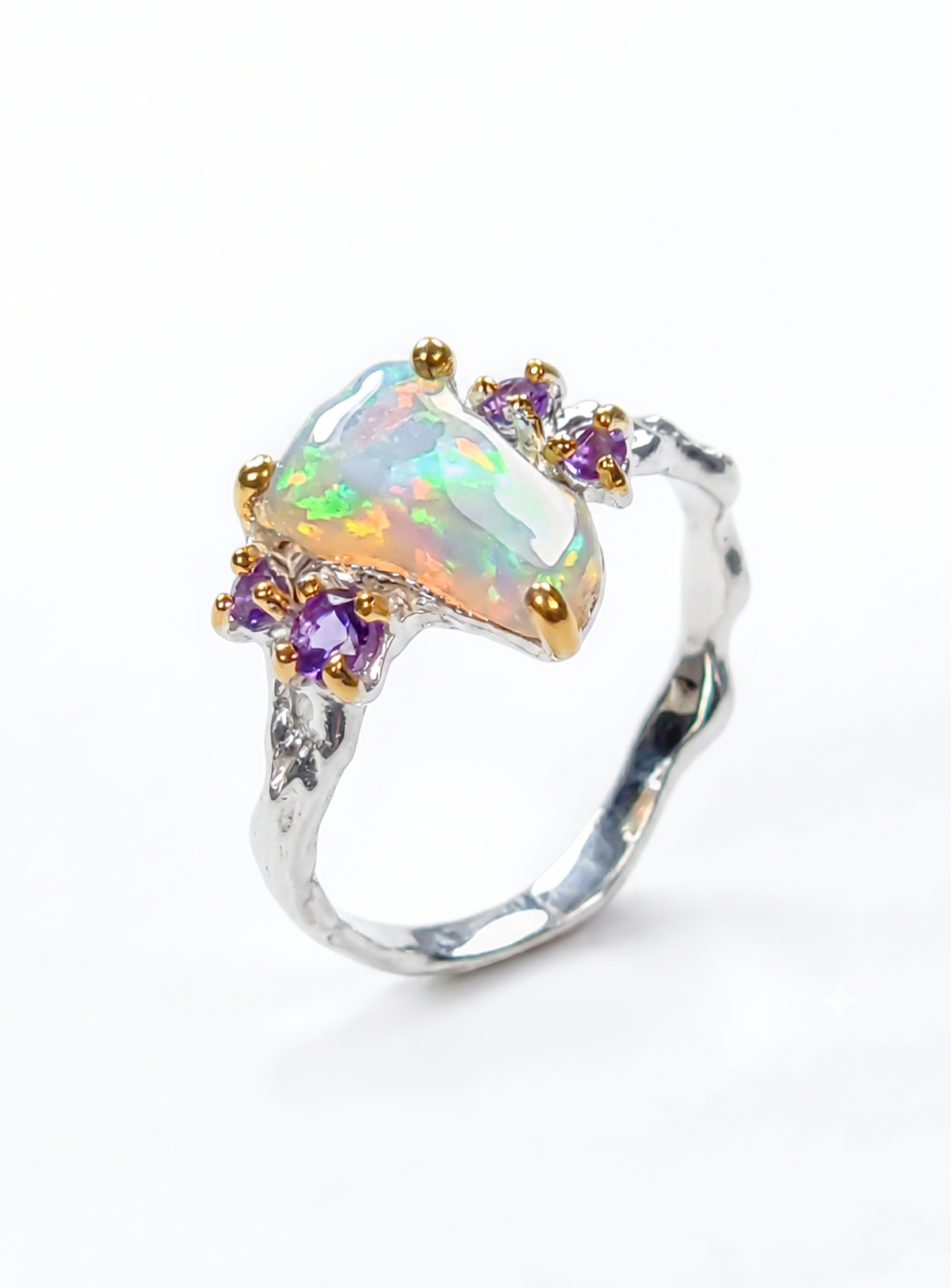 925 Silver Rainbow Raw Opal Ring