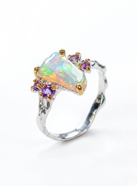 925 Silver Rainbow Raw Opal Ring