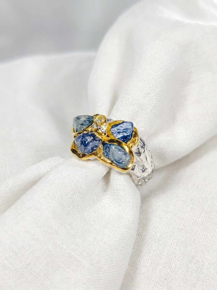 925 Sterling Silver Sapphire Leaf Ring, worn on hand