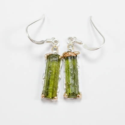 925 Sterling Silver Raw Tourmaline Earrings, close-up detail