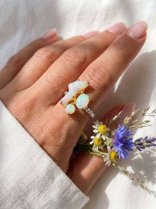 925 Silver Raw opal cluster ring