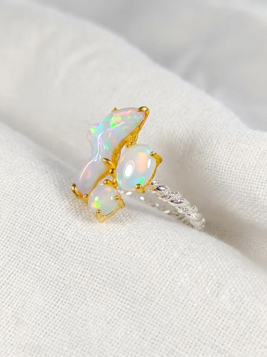 925 Silver Raw opal cluster ring