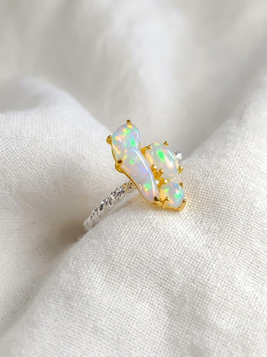 925 Silver Raw opal cluster ring