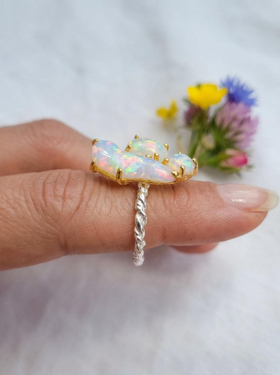 925 Silver Raw opal cluster ring