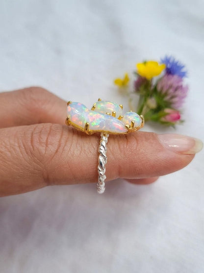 925 Silver Raw opal cluster ring