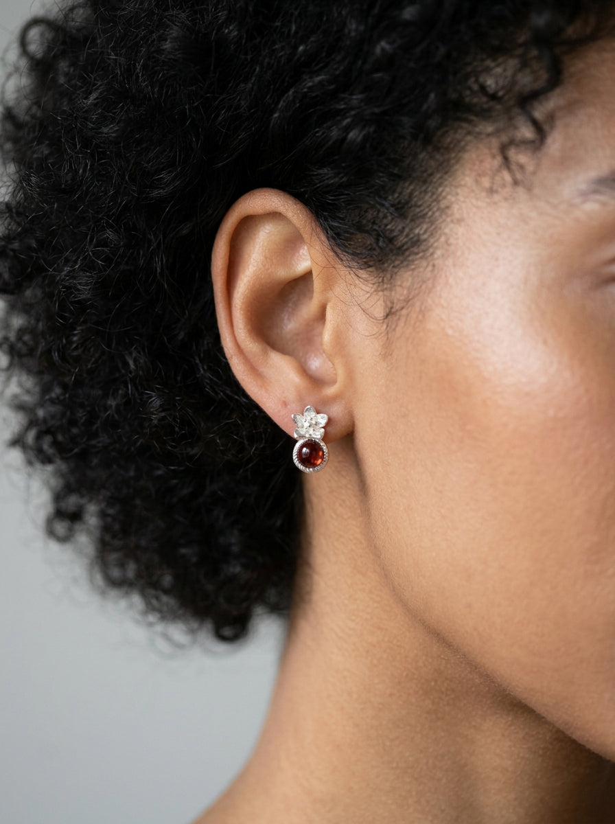 925 Silver Red Garnet Flower Earrings