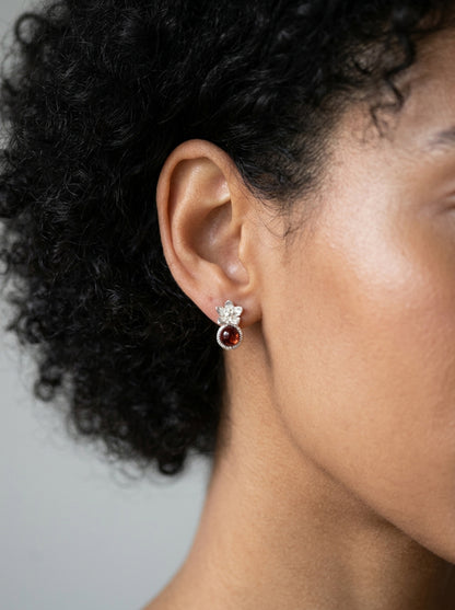 925 Silver Red Garnet Flower Earrings