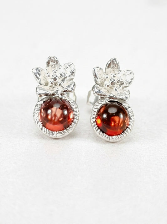 925 Silver Red Garnet Flower Earrings
