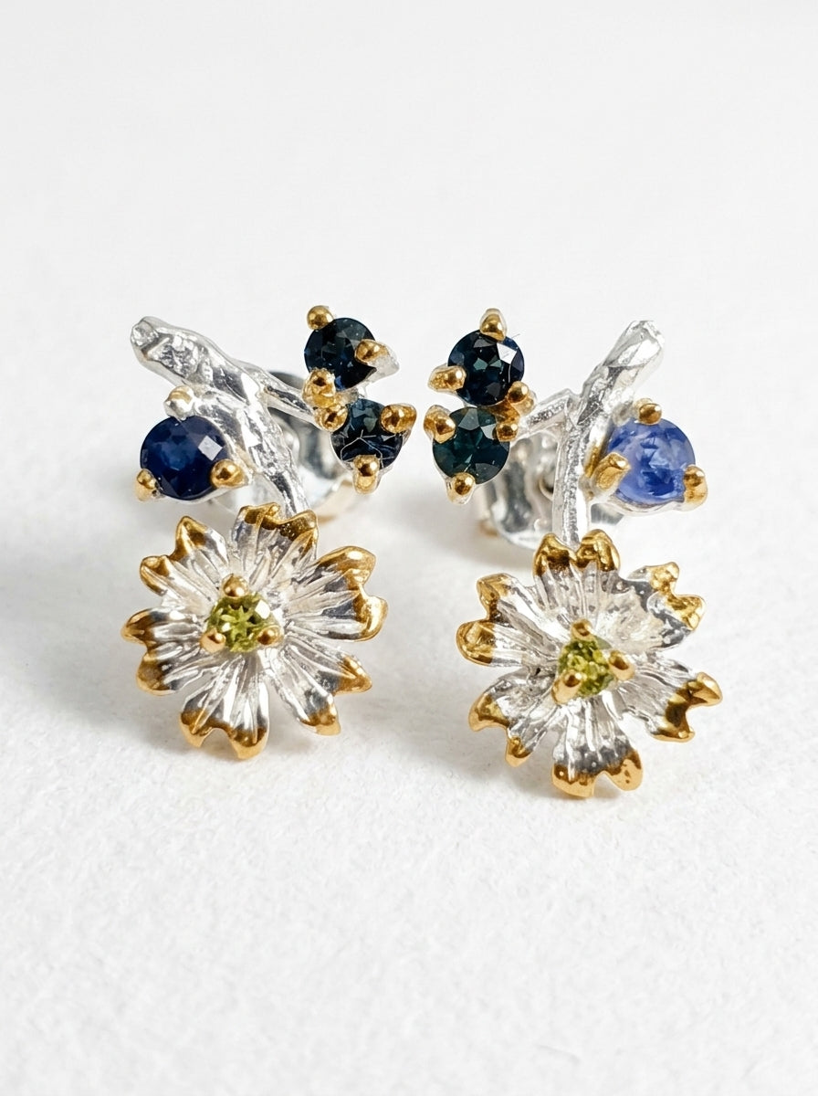925 Silver Sapphire Flower Earrings