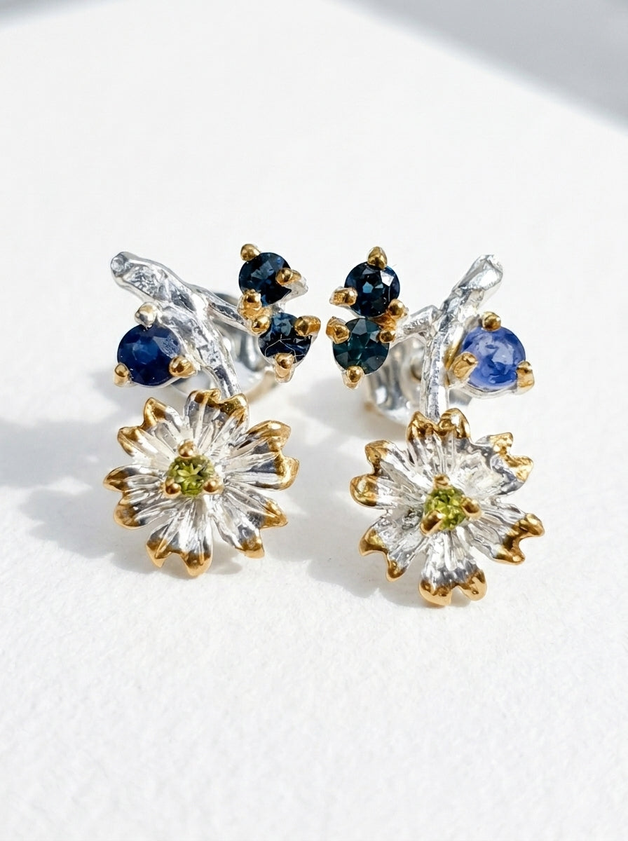 925 Silver Sapphire Flower Earrings