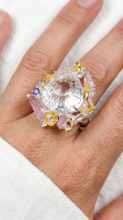 925 Sterling Silver Pear Quartz Floral Halo Pink Tourmaline Nature Ring, texture close-up