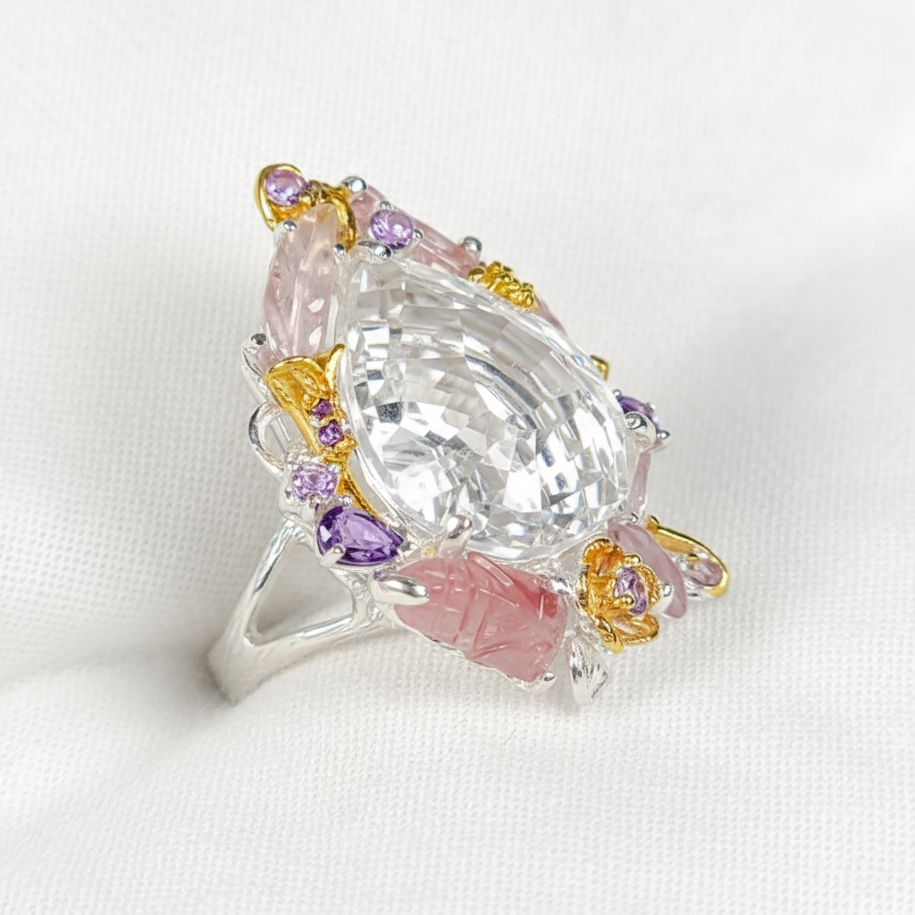 925 Sterling Silver Pear Quartz Floral Halo Pink Tourmaline Nature Ring, alternate angle, image 11