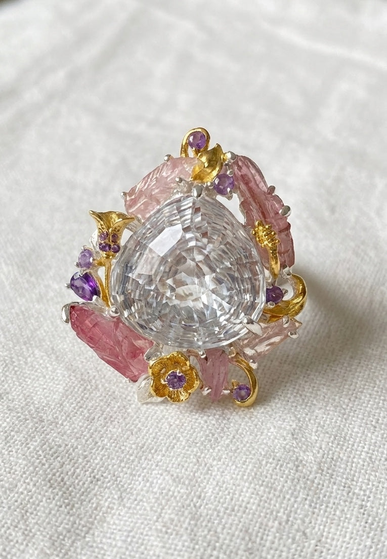 925 Sterling Silver Pear Quartz Floral Halo Pink Tourmaline Nature Ring, close-up detail, image 12